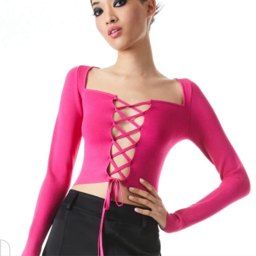 Elegant Alice + Olivia Pink Lace-Up Long Sleeve Crop Top BNWoT
